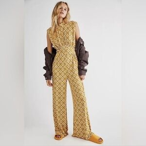 Free People Jumpsuit, Size Large, Yellow Sun Print